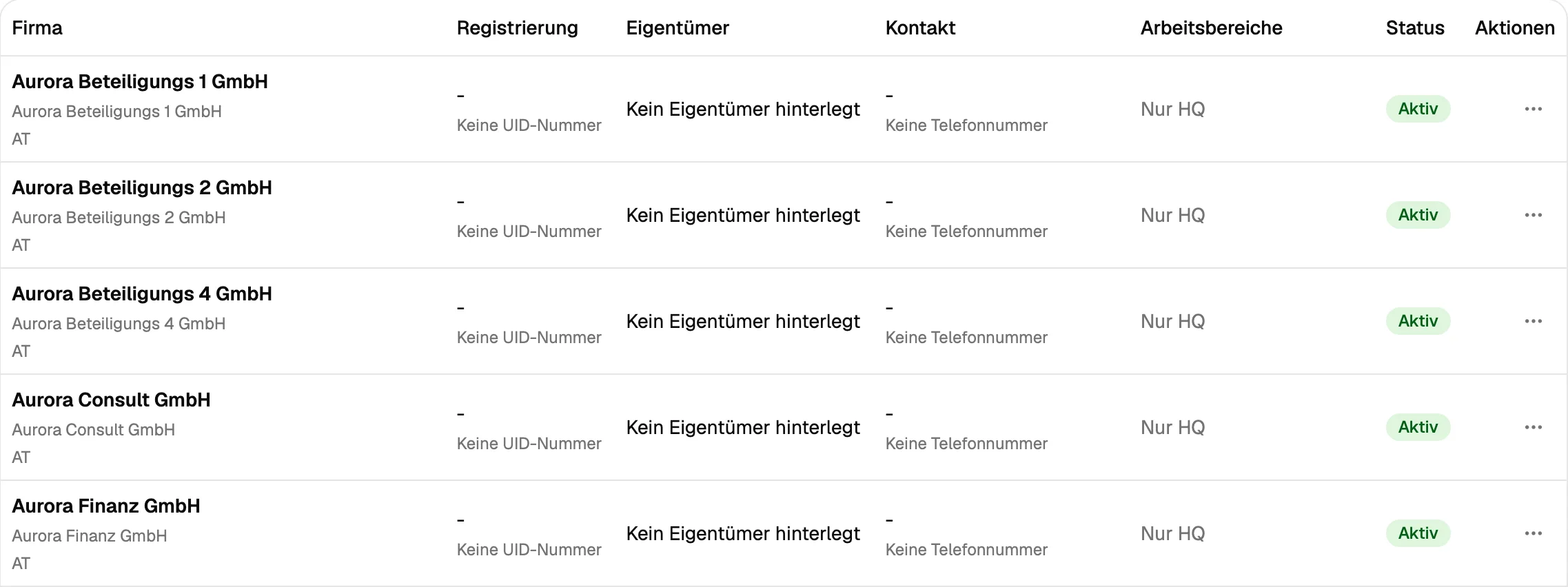 Liste der Gesellschaften einer Firmengruppe mit Status und Arbeitsbereichen