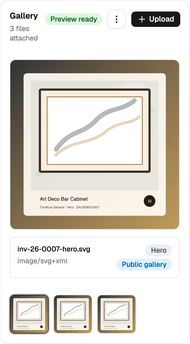 Foto-Galerie eines Inventarstücks mit Vorschau und Upload
