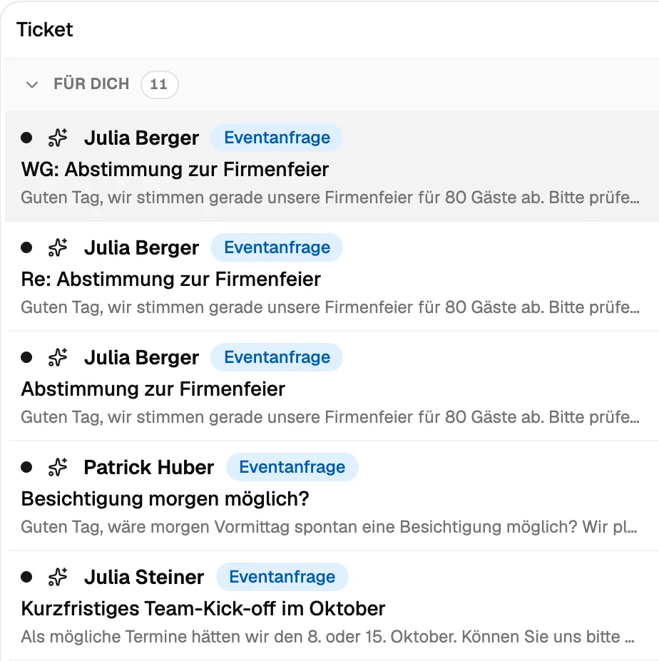 Gemeinsame Inbox mit Tickets zu Eventanfragen