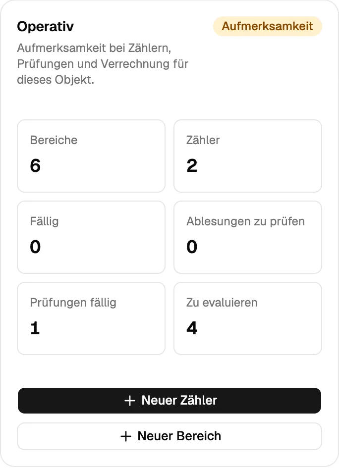Kennzahlen eines Objekts zu Bereichen, Zählern und fälligen Prüfungen